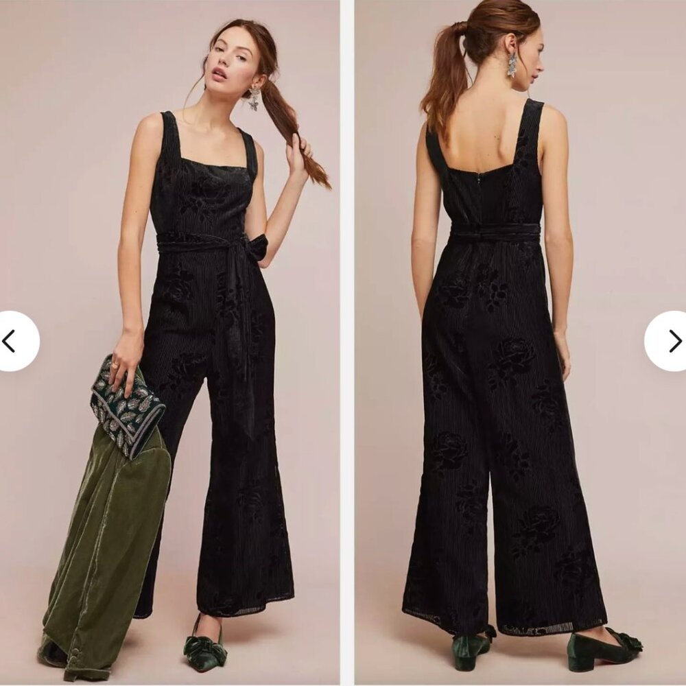 Anthropologie Moulinette Soeurs Noir Velvet Burnout Textured Jumpsuit Size 2